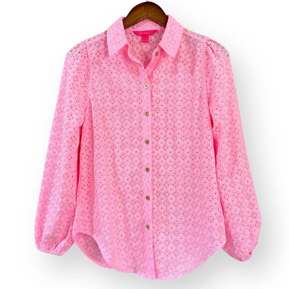 Lilly Pulitzer Sea Breeze Eyelet Button Down Top Pink Blossom Womens Size XS - Picture 3 of 12